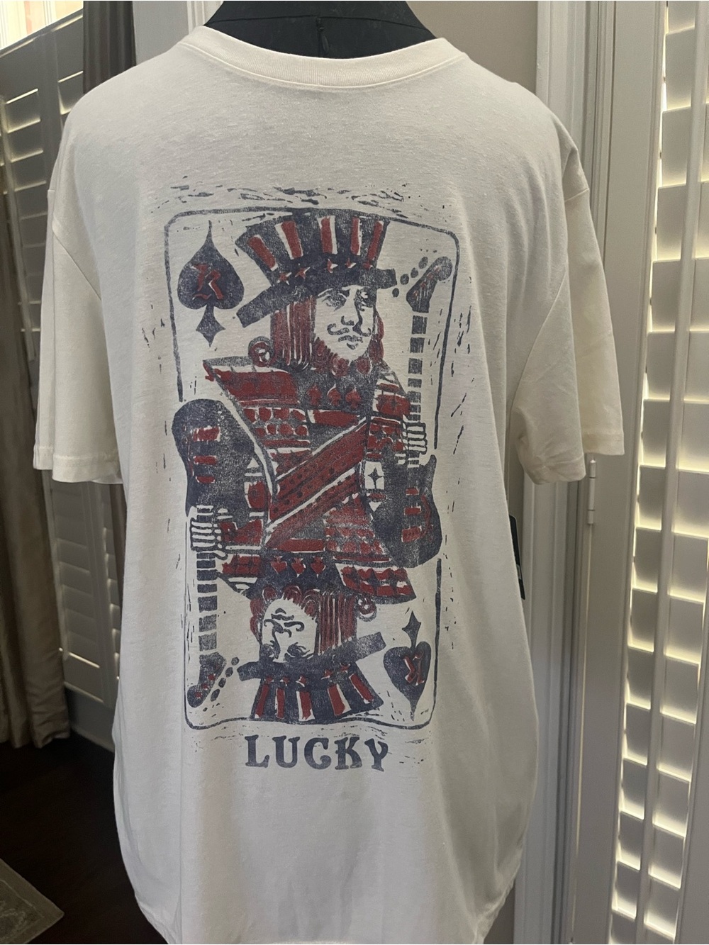 NWT Lucky Brand Men's Graphic Tee with Red & Blue Playing Card Print - Medium